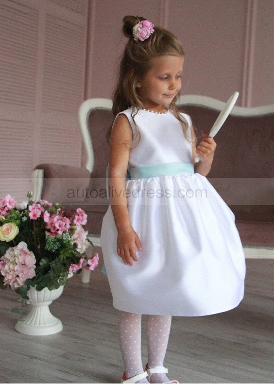 White Satin Flower Girl Dress With Blue Bow